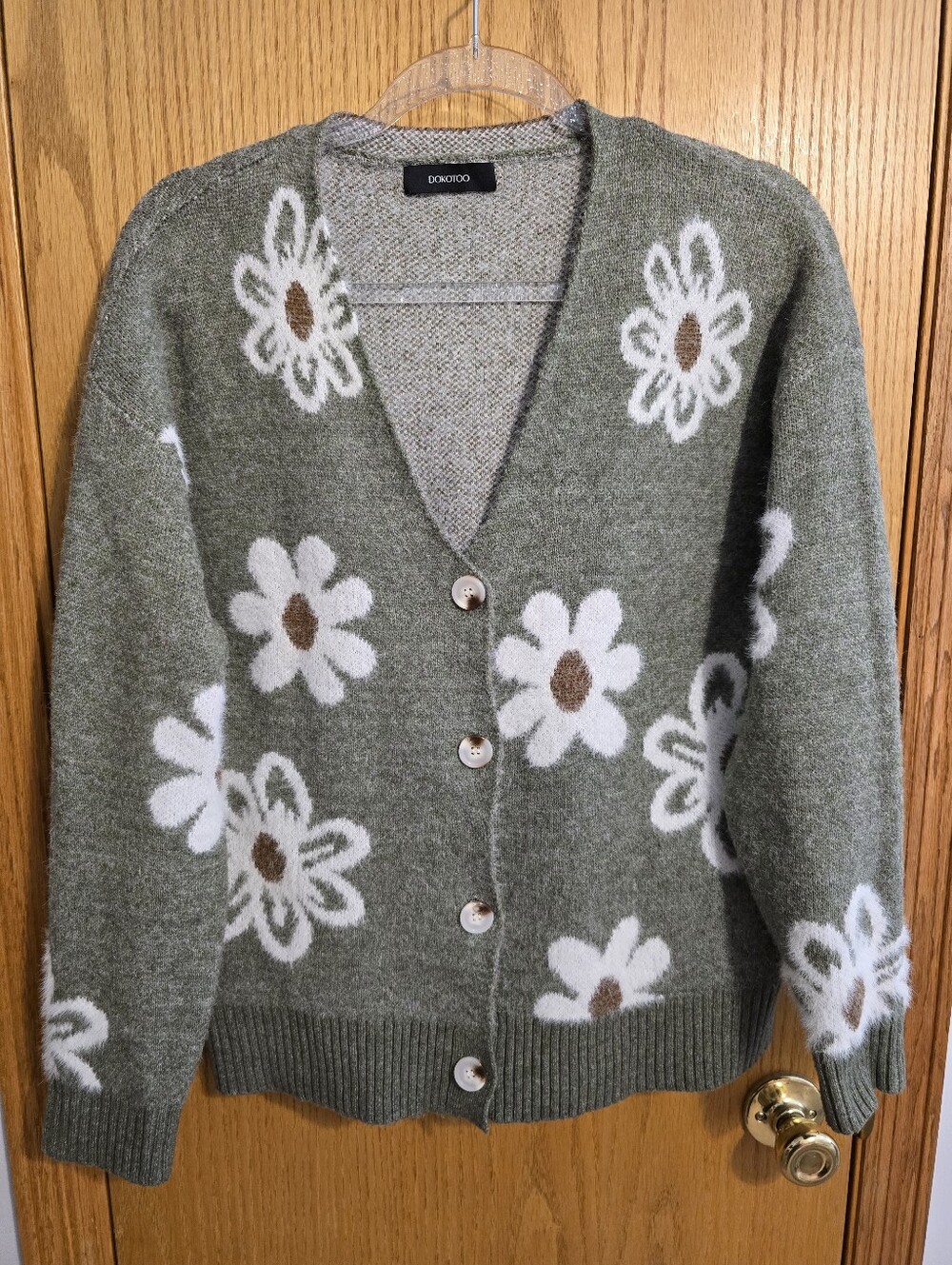 DoKoToo Olive Floral V-Neck Button Cardigan Sweater